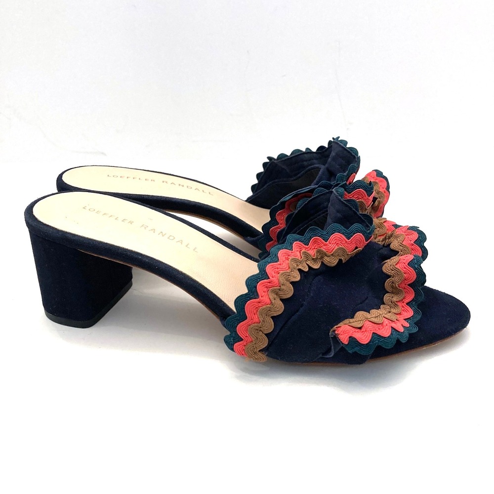 Loeffler Randall Vera Ruffled Sandals Heeled Slides Navy Suede Womens 5 - Picture 2 of 8